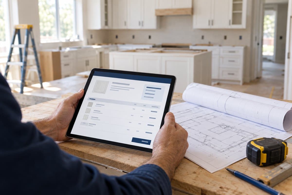 Contractor reviewing a cabinet quote on a tablet next to kitchen plans